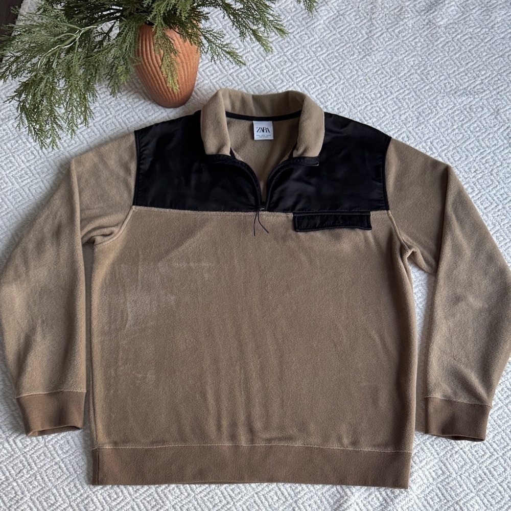 Zara Men's Zip-Up Sweater in Tan and Black Sz S